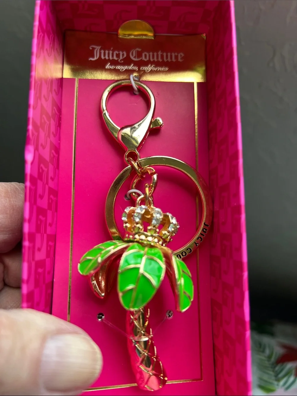 Juicy Couture NIB Gold Tone Keychain with Green Enamel Palm Charm/ Key Charm